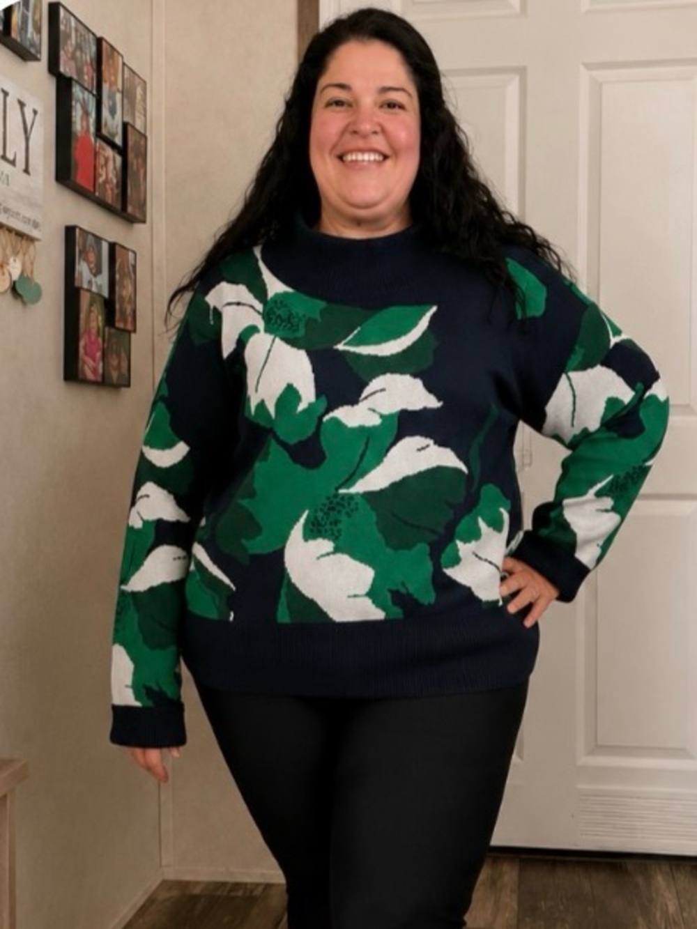 Liz Claiborne, Navy Green Floral Mock Neck Sweater Soft Knit Pullover, XXL, NWT